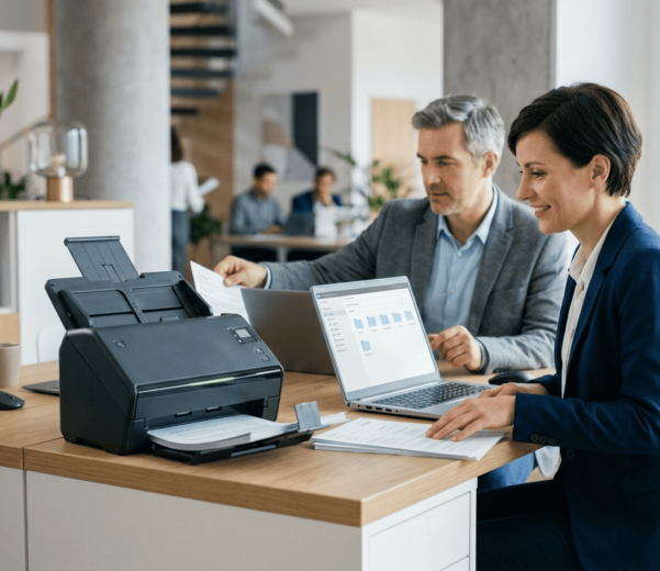 Multifuncional escaneando archivos en la digitalización de documentos empresas
