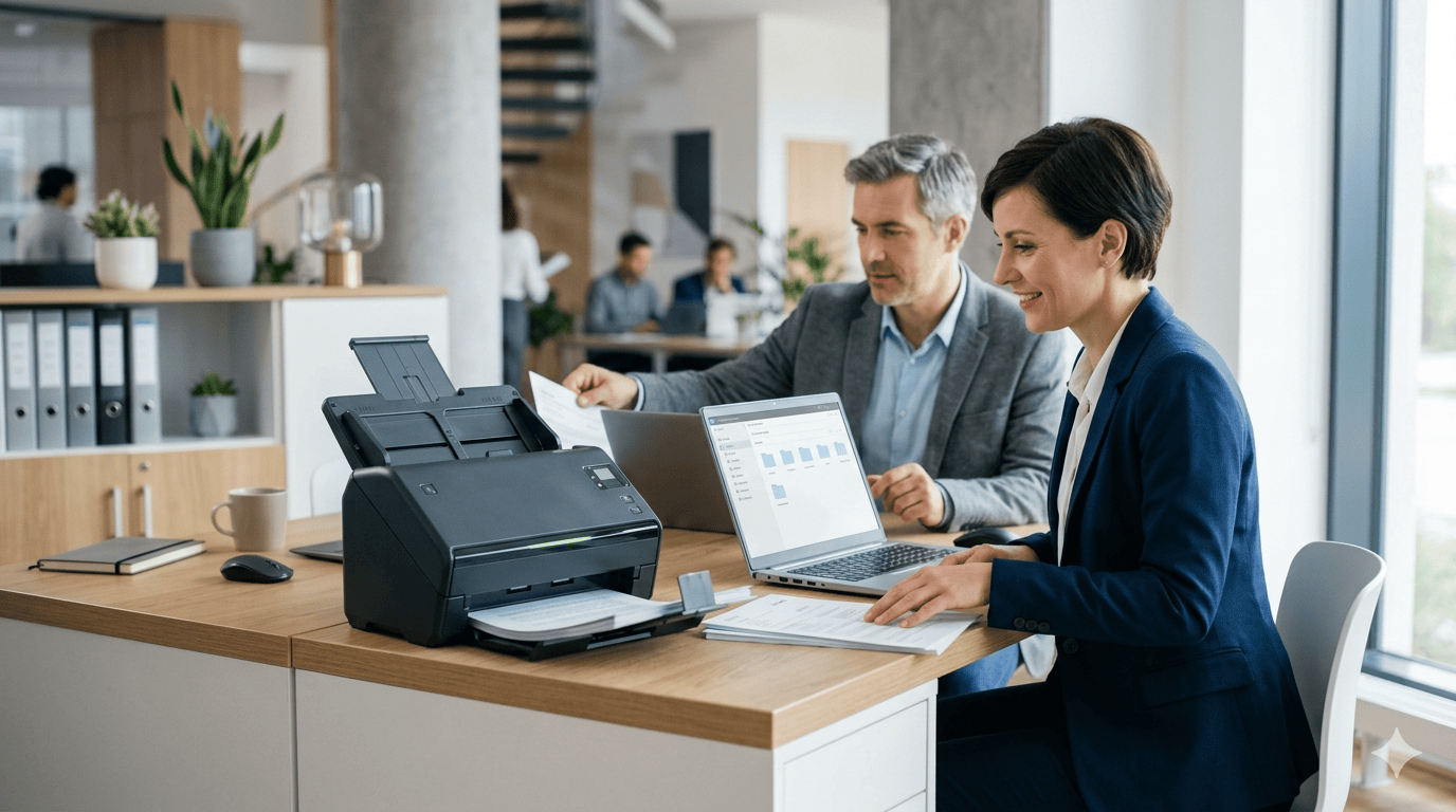 Multifuncional escaneando archivos en la digitalización de documentos empresas
