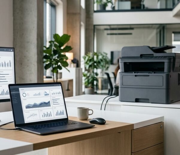 Software de gestión de impresión mostrando el monitoreo centralizado de equipos en una empresa