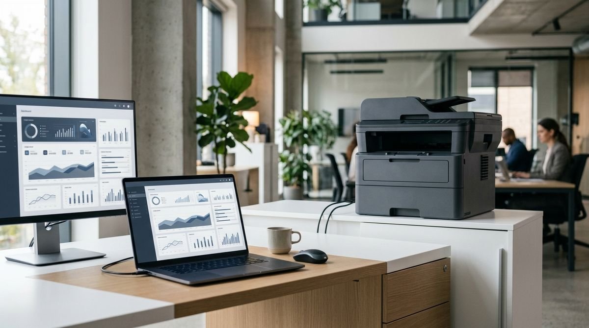 Software de gestión de impresión mostrando el monitoreo centralizado de equipos en una empresa